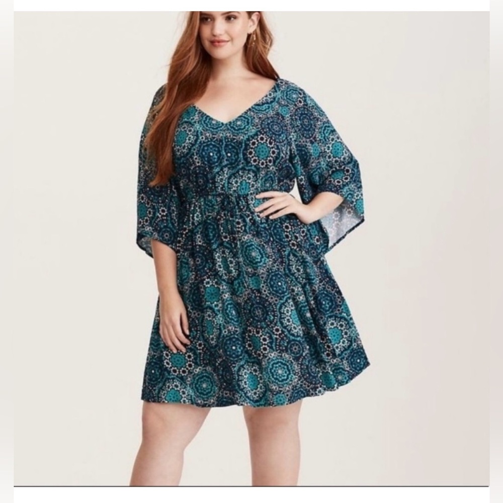Torrid Teal Medallion Boho Challis Lattice Back Dress Size 6